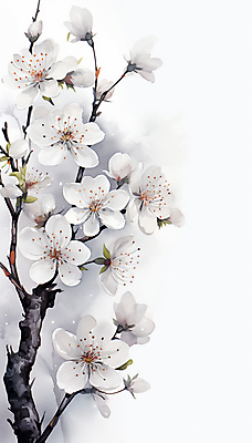 JPG 백그라운드 잎 일러스트 붓터치 수채화 수묵화 사람없음 흰색 나뭇가지 매화 번짐 국내일러스트 AI일러스트 AI콘텐츠 나무 식물 꽃 컬러 미술 파일형식 효과