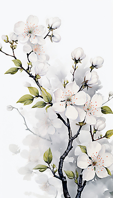 JPG 백그라운드 잎 일러스트 붓터치 수채화 수묵화 사람없음 흰색 나뭇가지 꽃봉오리 매화 번짐 국내일러스트 AI일러스트 AI콘텐츠 나무 식물 꽃 컬러 미술 파일형식 효과