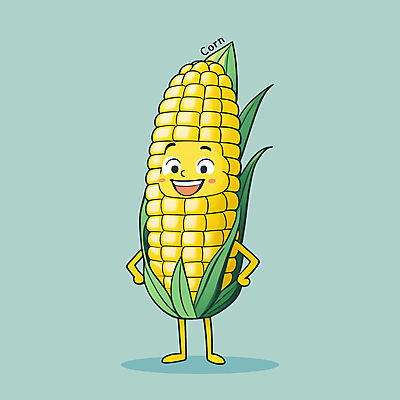 PSD 허리손 일러스트 홍보캐릭터 옥수수 서기 미소 사람없음 노란색 귀여움 특산물 카툰스타일 옥수수껍질 일러캐릭터 캐릭터 컬러 포즈 컨셉 모션 곡류 표정 껍질 파일형식