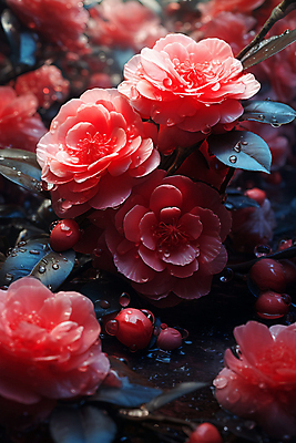 JPG 편집이미지 꽃 분홍색 잎 자연 근접촬영 사람없음 물방울 이슬 수분 꽃봉오리 동백 편집실사 AI포토 AI콘텐츠 식물 뷰포인트 컬러 CG 생태계 파일형식