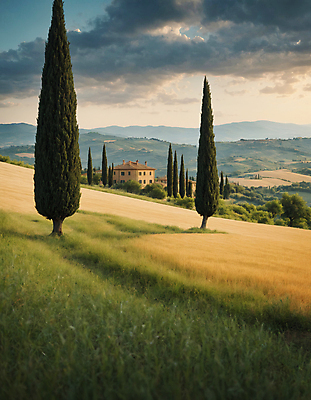 JPG 나무 구름 편집이미지 하늘 산 주택 풍경 잔디 초원 사람없음 디지털합성 투스카니 사이프러스 편집실사 AI포토 AI콘텐츠 자연요소 식물 건물 이탈리아 CG 파일형식