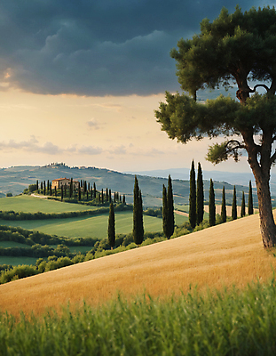 JPG 나무 구름 편집이미지 하늘 산 주택 풍경 잔디 초원 사람없음 디지털합성 투스카니 사이프러스 편집실사 AI포토 AI콘텐츠 자연요소 식물 건물 이탈리아 CG 파일형식