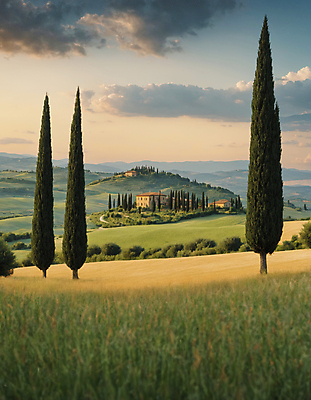 JPG 나무 구름 편집이미지 하늘 산 주택 풍경 잔디 초원 사람없음 디지털합성 투스카니 사이프러스 편집실사 AI포토 AI콘텐츠 자연요소 식물 건물 이탈리아 CG 파일형식