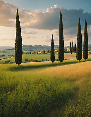 JPG 나무 구름 편집이미지 하늘 산 주택 풍경 잔디 초원 사람없음 디지털합성 투스카니 사이프러스 편집실사 AI포토 AI콘텐츠 자연요소 식물 건물 이탈리아 CG 파일형식