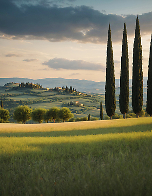 JPG 나무 구름 편집이미지 하늘 산 주택 풍경 잔디 초원 사람없음 디지털합성 투스카니 사이프러스 편집실사 AI포토 AI콘텐츠 자연요소 식물 건물 이탈리아 CG 파일형식