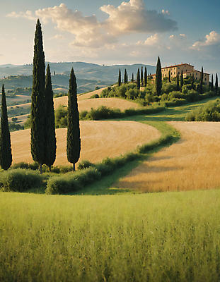 JPG 나무 구름 편집이미지 길 하늘 산 주택 풍경 잔디 초원 사람없음 디지털합성 투스카니 사이프러스 편집실사 AI포토 AI콘텐츠 자연요소 식물 건물 이탈리아 CG 파일형식