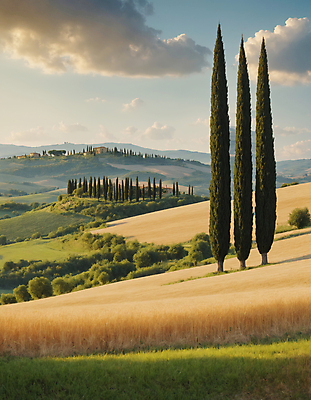 JPG 나무 구름 편집이미지 하늘 산 풍경 잔디 초원 사람없음 디지털합성 투스카니 사이프러스 편집실사 AI포토 AI콘텐츠 자연요소 식물 이탈리아 CG 파일형식