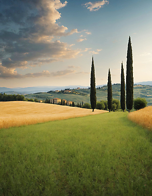 JPG 나무 구름 편집이미지 하늘 산 주택 풍경 잔디 초원 사람없음 디지털합성 투스카니 사이프러스 편집실사 AI포토 AI콘텐츠 자연요소 식물 건물 이탈리아 CG 파일형식