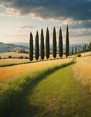 JPG 나무 구름 편집이미지 길 하늘 산 풍경 잔디 초원 사람없음 디지털합성 투스카니 사이프러스 편집실사 AI포토 AI콘텐츠 자연요소 식물 이탈리아 CG 파일형식