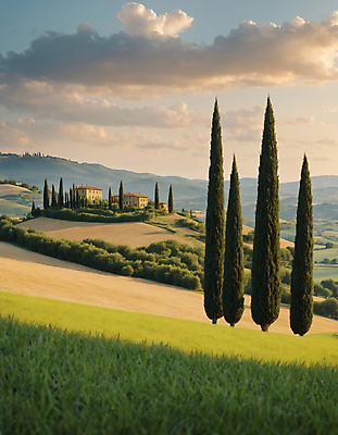 JPG 나무 구름 편집이미지 하늘 산 주택 풍경 잔디 초원 사람없음 디지털합성 투스카니 사이프러스 편집실사 AI포토 AI콘텐츠 자연요소 식물 건물 이탈리아 CG 파일형식