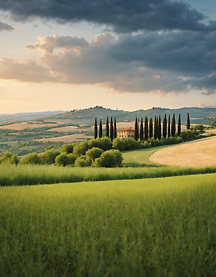 JPG 나무 구름 편집이미지 하늘 산 주택 풍경 잔디 초원 사람없음 디지털합성 투스카니 사이프러스 편집실사 AI포토 AI콘텐츠 자연요소 식물 건물 이탈리아 CG 파일형식