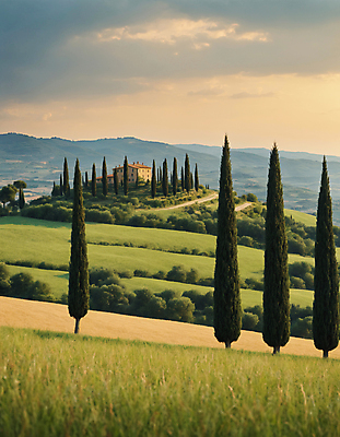 JPG 나무 구름 편집이미지 하늘 산 주택 풍경 잔디 초원 사람없음 디지털합성 투스카니 사이프러스 편집실사 AI포토 AI콘텐츠 자연요소 식물 건물 이탈리아 CG 파일형식