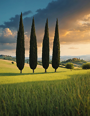 JPG 나무 구름 편집이미지 하늘 산 풍경 잔디 초원 사람없음 디지털합성 투스카니 사이프러스 편집실사 AI포토 AI콘텐츠 자연요소 식물 이탈리아 CG 파일형식