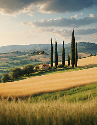 JPG 나무 구름 편집이미지 하늘 산 주택 풍경 잔디 초원 사람없음 디지털합성 투스카니 사이프러스 편집실사 AI포토 AI콘텐츠 자연요소 식물 건물 이탈리아 CG 파일형식