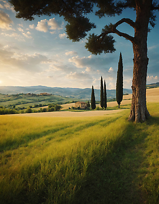 JPG 나무 구름 편집이미지 하늘 산 주택 풍경 잔디 초원 사람없음 디지털합성 투스카니 사이프러스 편집실사 AI포토 AI콘텐츠 자연요소 식물 건물 이탈리아 CG 파일형식