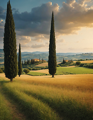 JPG 나무 구름 편집이미지 하늘 산 주택 풍경 잔디 초원 사람없음 디지털합성 투스카니 사이프러스 편집실사 AI포토 AI콘텐츠 자연요소 식물 건물 이탈리아 CG 파일형식