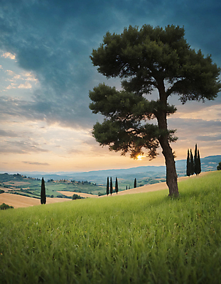 JPG 나무 구름 편집이미지 하늘 산 풍경 잔디 초원 사람없음 태양 디지털합성 투스카니 편집실사 AI포토 AI콘텐츠 자연요소 식물 이탈리아 CG 파일형식