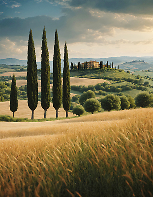 JPG 나무 구름 편집이미지 하늘 산 주택 풍경 잔디 초원 사람없음 디지털합성 투스카니 사이프러스 편집실사 AI포토 AI콘텐츠 자연요소 식물 건물 이탈리아 CG 파일형식