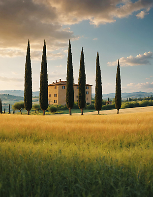 JPG 나무 구름 편집이미지 하늘 산 주택 풍경 잔디 초원 사람없음 디지털합성 투스카니 사이프러스 편집실사 AI포토 AI콘텐츠 자연요소 식물 건물 이탈리아 CG 파일형식
