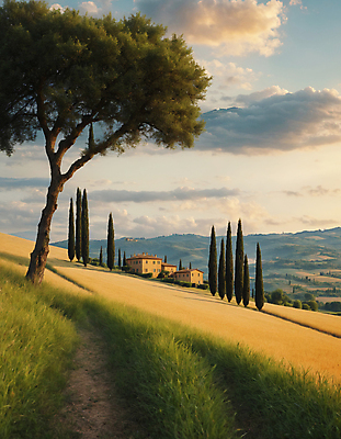 JPG 나무 구름 편집이미지 하늘 산 주택 풍경 잔디 초원 사람없음 디지털합성 투스카니 사이프러스 편집실사 AI포토 AI콘텐츠 자연요소 식물 건물 이탈리아 CG 파일형식