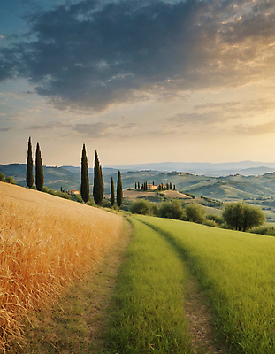 JPG 나무 구름 편집이미지 길 하늘 산 풍경 잔디 초원 사람없음 디지털합성 투스카니 사이프러스 편집실사 AI포토 AI콘텐츠 자연요소 식물 이탈리아 CG 파일형식