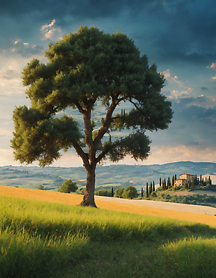 JPG 나무 구름 편집이미지 하늘 산 주택 풍경 잔디 초원 사람없음 디지털합성 투스카니 편집실사 AI포토 AI콘텐츠 자연요소 식물 건물 이탈리아 CG 파일형식