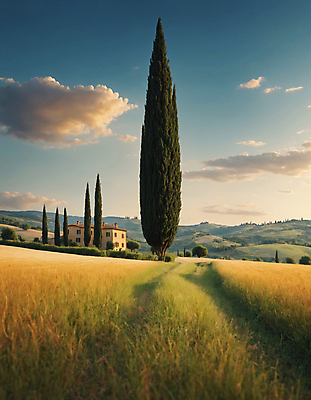 JPG 나무 구름 편집이미지 길 하늘 산 주택 풍경 잔디 초원 사람없음 디지털합성 투스카니 사이프러스 편집실사 AI포토 AI콘텐츠 자연요소 식물 건물 이탈리아 CG 파일형식