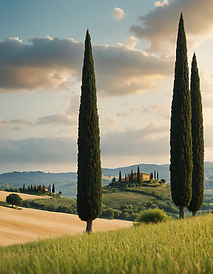 JPG 나무 구름 편집이미지 하늘 산 주택 풍경 잔디 초원 사람없음 디지털합성 투스카니 사이프러스 편집실사 AI포토 AI콘텐츠 자연요소 식물 건물 이탈리아 CG 파일형식