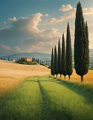 JPG 나무 구름 편집이미지 길 하늘 산 주택 풍경 잔디 초원 사람없음 디지털합성 투스카니 사이프러스 편집실사 AI포토 AI콘텐츠 자연요소 식물 건물 이탈리아 CG 파일형식