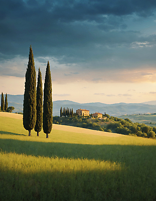 JPG 나무 구름 편집이미지 하늘 산 주택 풍경 잔디 초원 사람없음 디지털합성 투스카니 사이프러스 편집실사 AI포토 AI콘텐츠 자연요소 식물 건물 이탈리아 CG 파일형식