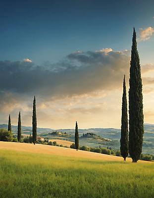 JPG 나무 구름 편집이미지 하늘 산 풍경 잔디 초원 사람없음 디지털합성 투스카니 사이프러스 편집실사 AI포토 AI콘텐츠 자연요소 식물 이탈리아 CG 파일형식
