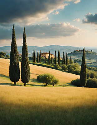 JPG 나무 구름 편집이미지 하늘 산 주택 풍경 잔디 초원 사람없음 디지털합성 투스카니 사이프러스 편집실사 AI포토 AI콘텐츠 자연요소 식물 건물 이탈리아 CG 파일형식