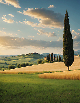 JPG 나무 구름 편집이미지 하늘 산 주택 풍경 잔디 초원 사람없음 디지털합성 투스카니 사이프러스 편집실사 AI포토 AI콘텐츠 자연요소 식물 건물 이탈리아 CG 파일형식