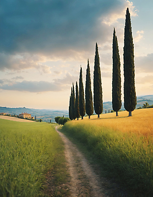 JPG 나무 구름 편집이미지 길 하늘 산 주택 풍경 잔디 초원 사람없음 디지털합성 투스카니 사이프러스 편집실사 AI포토 AI콘텐츠 자연요소 식물 건물 이탈리아 CG 파일형식