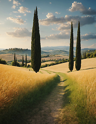 JPG 나무 구름 편집이미지 길 하늘 산 풍경 잔디 초원 사람없음 디지털합성 투스카니 사이프러스 편집실사 AI포토 AI콘텐츠 자연요소 식물 이탈리아 CG 파일형식