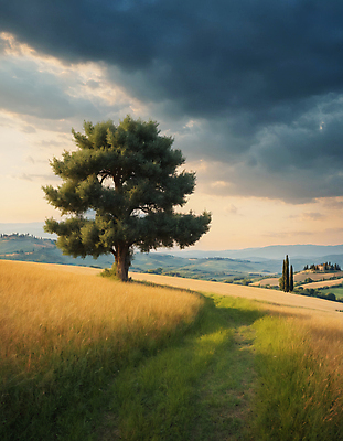JPG 나무 구름 편집이미지 하늘 산 풍경 잔디 초원 사람없음 디지털합성 투스카니 편집실사 AI포토 AI콘텐츠 자연요소 식물 이탈리아 CG 파일형식