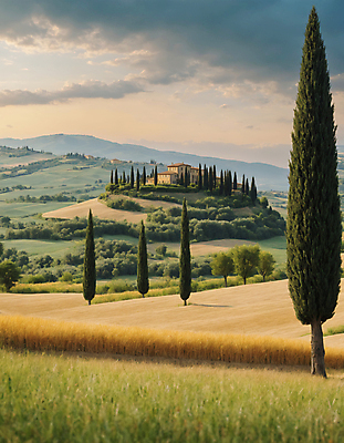 JPG 나무 구름 편집이미지 하늘 산 주택 풍경 잔디 초원 사람없음 디지털합성 투스카니 사이프러스 편집실사 AI포토 AI콘텐츠 자연요소 식물 건물 이탈리아 CG 파일형식