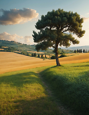 JPG 나무 구름 편집이미지 하늘 산 풍경 잔디 초원 사람없음 디지털합성 투스카니 편집실사 AI포토 AI콘텐츠 자연요소 식물 이탈리아 CG 파일형식