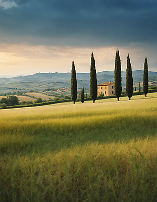 JPG 나무 구름 편집이미지 하늘 산 주택 풍경 잔디 초원 사람없음 디지털합성 투스카니 사이프러스 편집실사 AI포토 AI콘텐츠 자연요소 식물 건물 이탈리아 CG 파일형식