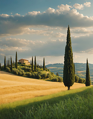 JPG 나무 구름 편집이미지 하늘 산 주택 풍경 잔디 초원 사람없음 디지털합성 투스카니 사이프러스 편집실사 AI포토 AI콘텐츠 자연요소 식물 건물 이탈리아 CG 파일형식