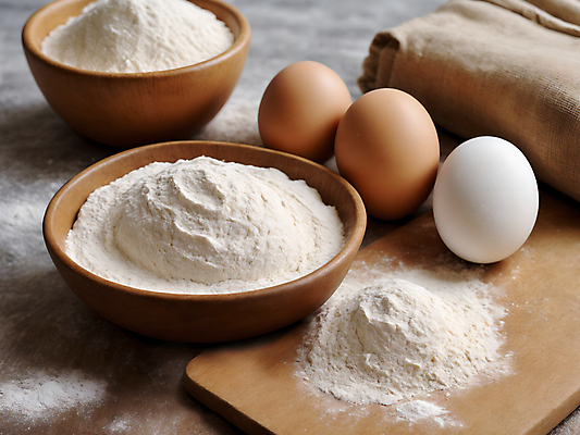 JPG 편집이미지 그릇 식재료 사람없음 계란 디지털합성 밀가루 나무도마 편집소스 편집실사 AI포토 AI콘텐츠 식기 도마 목재 알 가루 CG 파일형식