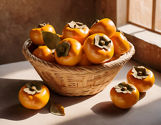 JPG 편집이미지 나뭇잎 감 사람없음 바구니 가을 담기 단감 편집실사 AI포토 AI콘텐츠 계절 잎 과일 모션 CG 파일형식