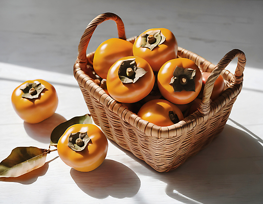 JPG 편집이미지 나뭇잎 감 사람없음 바구니 가을 담기 단감 편집실사 AI포토 AI콘텐츠 계절 잎 과일 모션 CG 파일형식