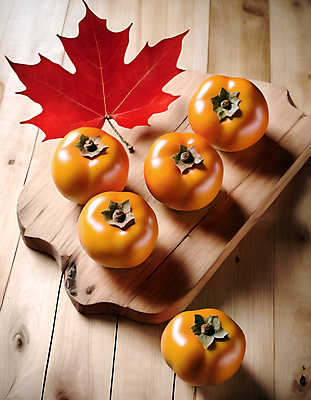 JPG 편집이미지 단풍 감 사람없음 가을 나무도마 단감 편집실사 AI포토 AI콘텐츠 계절 잎 과일 도마 목재 CG 파일형식