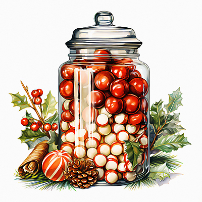 JPG 잎 크리스마스 일러스트 유리병 사탕 사람없음 디지털합성 담기 솔방울 호랑가시나무열매 국내일러스트 AI일러스트 AI콘텐츠 식물 기념일 열매 모션 병_용기 디저트 파일형식