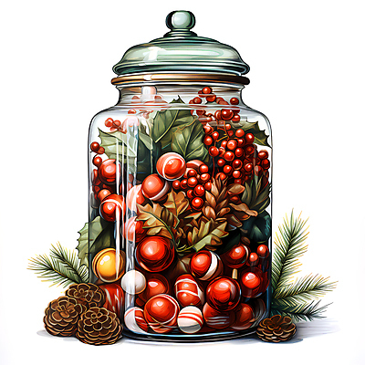 JPG 잎 크리스마스 일러스트 유리병 사탕 사람없음 디지털합성 담기 솔방울 호랑가시나무열매 국내일러스트 AI일러스트 AI콘텐츠 식물 기념일 열매 모션 병_용기 디저트 파일형식
