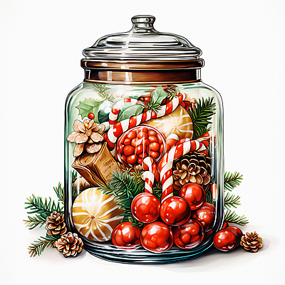 JPG 잎 크리스마스 일러스트 유리병 사탕 사람없음 디지털합성 담기 솔방울 지팡이사탕 호랑가시나무열매 국내일러스트 AI일러스트 AI콘텐츠 식물 기념일 열매 모션 병_용기 디저트 파일형식