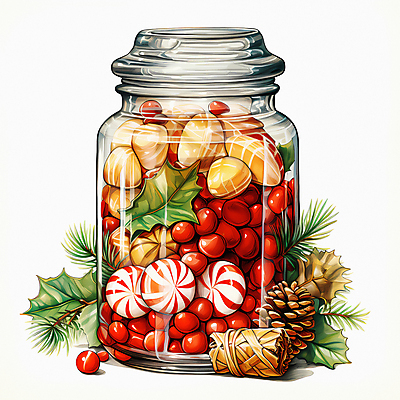 JPG 잎 크리스마스 일러스트 유리병 사탕 사람없음 디지털합성 담기 솔방울 국내일러스트 AI일러스트 AI콘텐츠 식물 기념일 모션 병_용기 디저트 파일형식