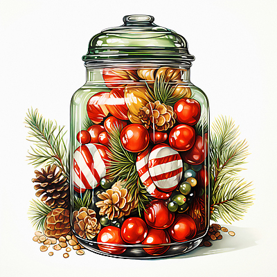 JPG 잎 크리스마스 일러스트 유리병 사탕 사람없음 디지털합성 담기 솔방울 국내일러스트 AI일러스트 AI콘텐츠 식물 기념일 모션 병_용기 디저트 파일형식