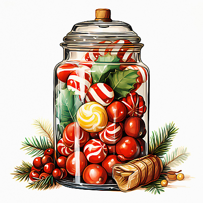 JPG 잎 크리스마스 일러스트 유리병 사탕 사람없음 디지털합성 담기 호랑가시나무열매 국내일러스트 AI일러스트 AI콘텐츠 식물 기념일 열매 모션 병_용기 디저트 파일형식